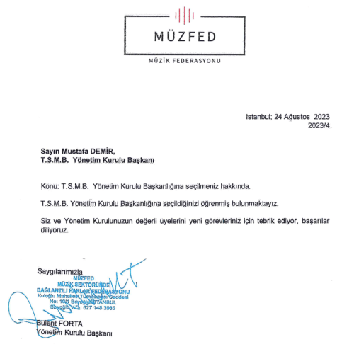 Müzfed Yönetim Kurulu Başkanı Sn. Bülent FORTA'dan Tebrik